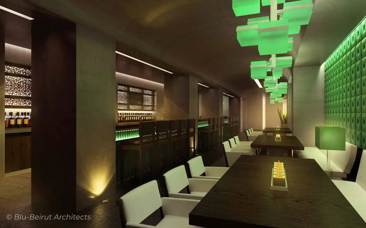 Contemporary English pub interior with dark concrete finishes, linear lighting, and modern bar seating – a moody industrial design by Blu Beirut in Sharm El-Sheikh.