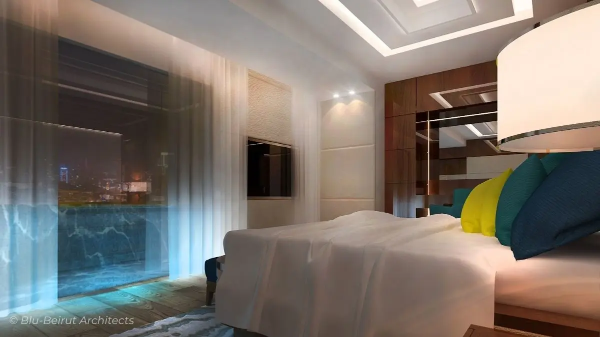 Master suite overlooking a raised pool through a transparent glass wall—luxury interior design merging indoor comfort with outdoor views.