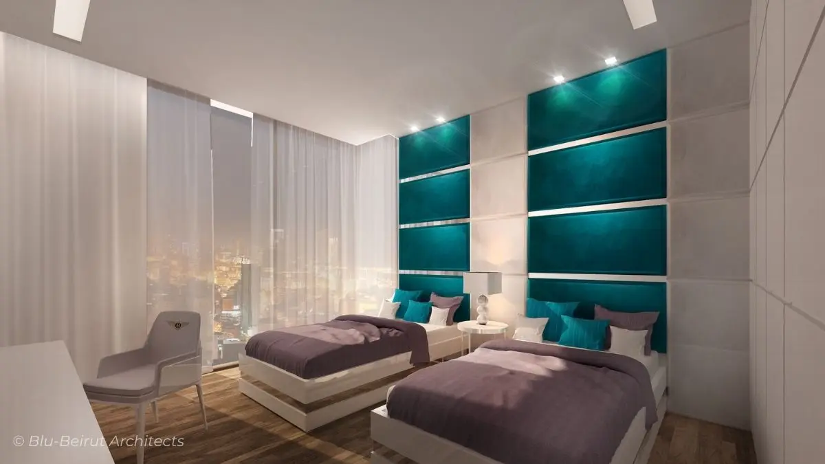Modern bedroom with sheer curtains, aqua color scheme, and abundant daylight—part of Blu-Beirut’s interior for a coastal duplex.