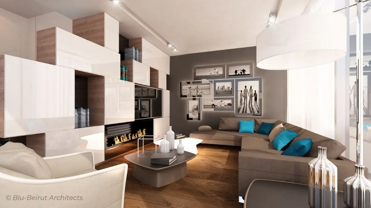 A warm Family Living ambiance with Book cabinet - desing by Blu-Beirut