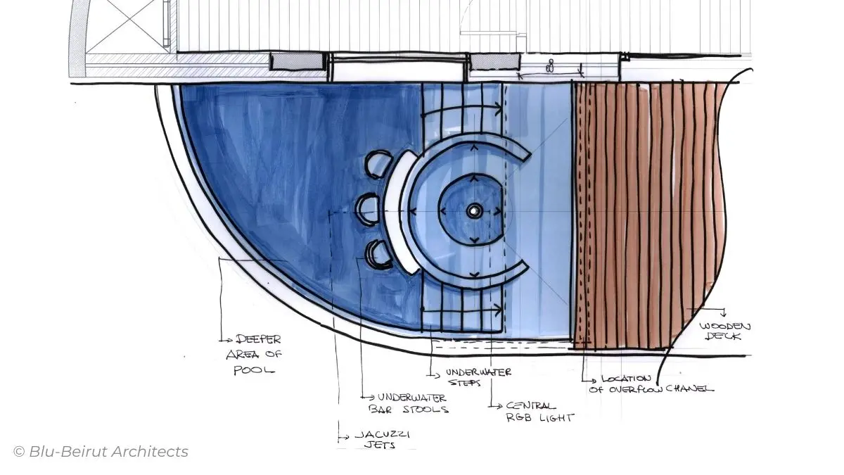 Architectural drawing of the upper pool terrace with curved layout, showing the relationship between indoor and outdoor zones in Blu Beirut’s duplex design.