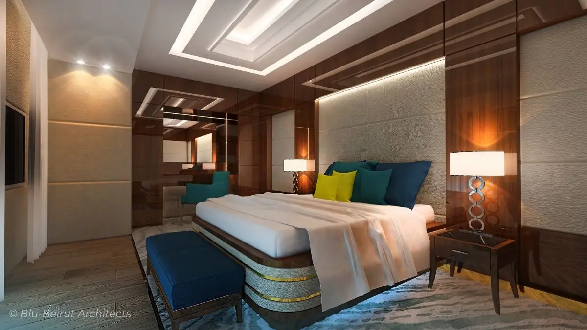 Elegant master suite overlooking a raised pool through a transparent glass wall—luxury interior design merging indoor comfort with outdoor views.