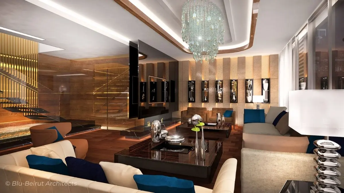 Contemporary Living Area featuring custom furniture, walnut walls, and a sculpted ceiling, designed for refined relaxation.