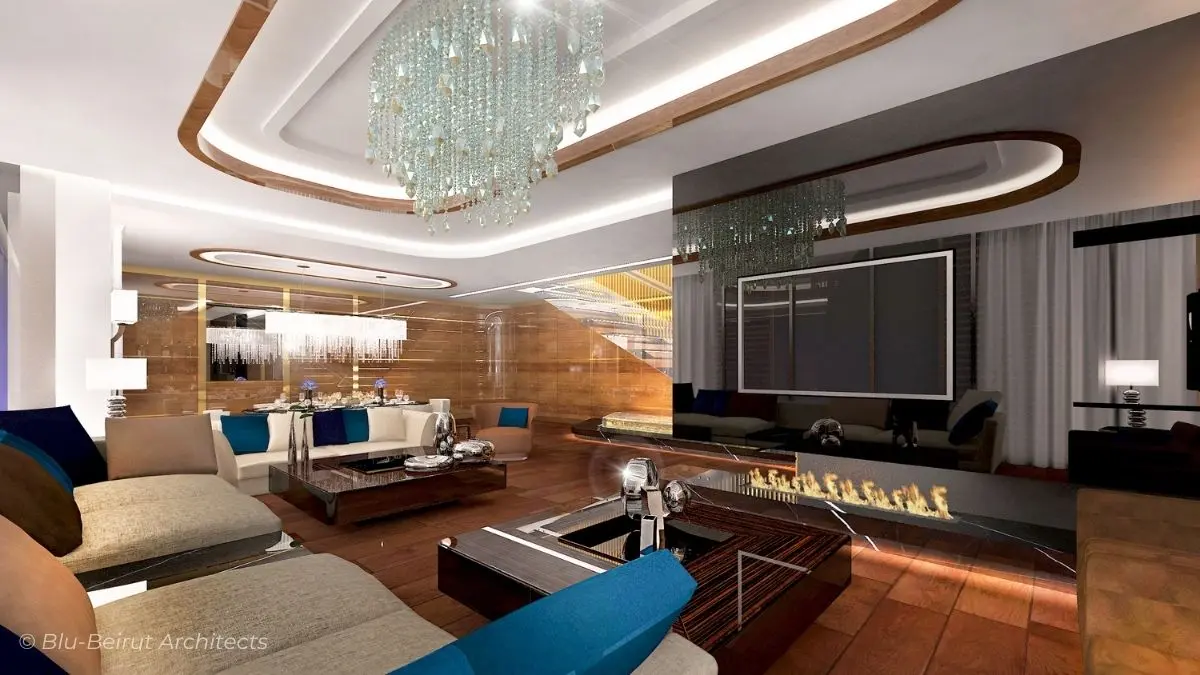 uxurious duplex reception area with feature chimney, wood flooring, and chandelier—nautical-inspired design by Blu Beirut.