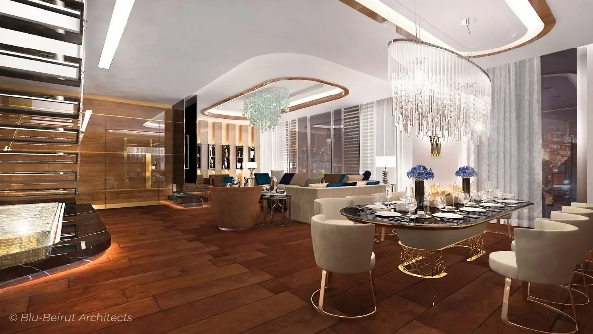 Refined dining space with crystal chandeliers and open-plan layout, seamlessly connected to living area in yacht-inspired Beirut residence.