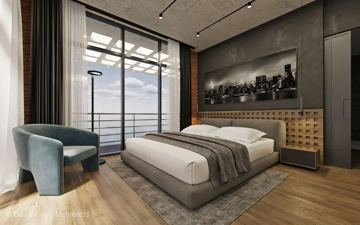 Bedroom with minimalist industrial design and brick accent wall