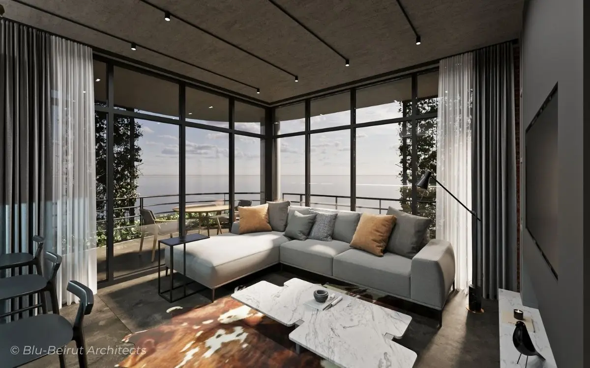 Full-height windows opening to terrace and city view