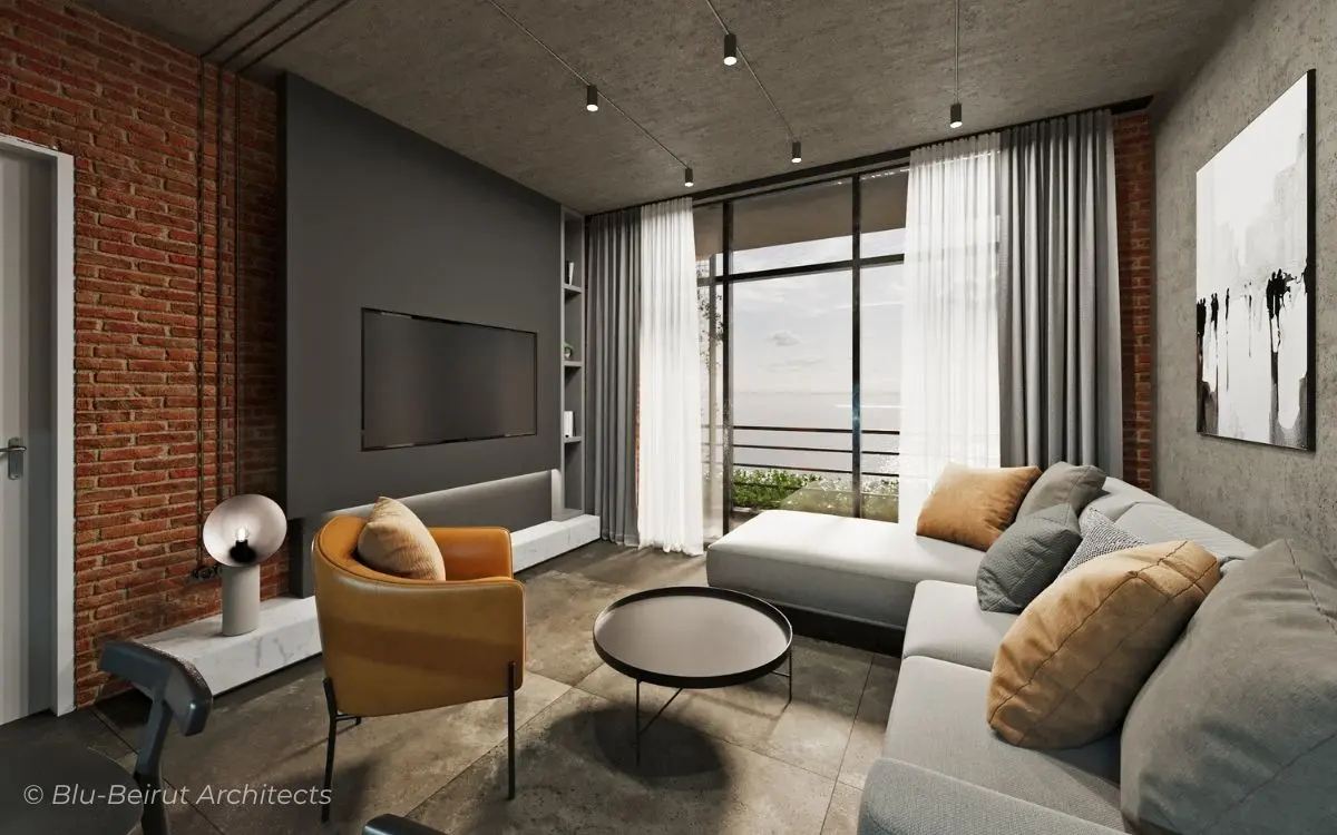 Serviced apartment living room with exposed concrete and metal textures