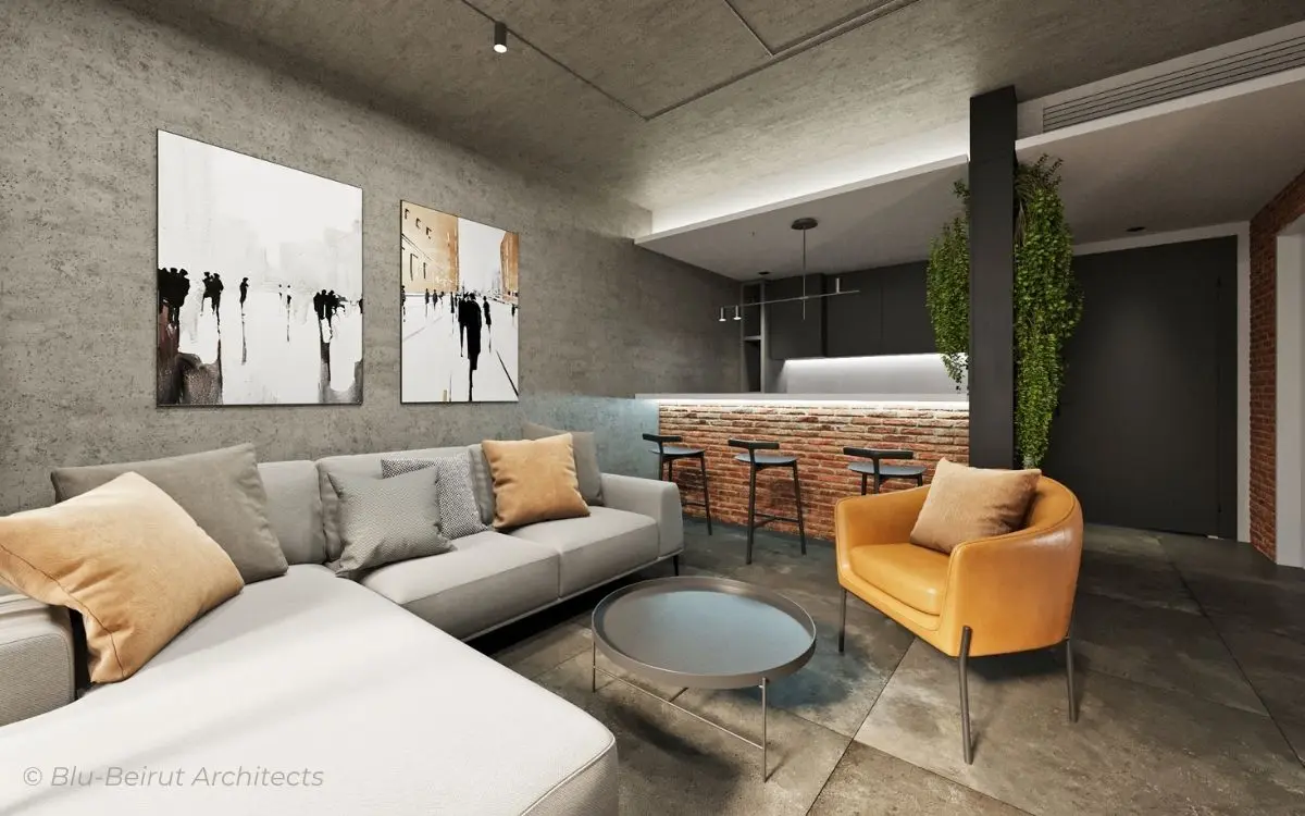 Suite interior with soft-toned palette and urban greenery
