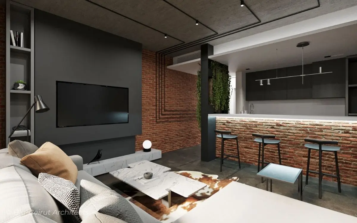 Red brick and exposed concrete details in living area