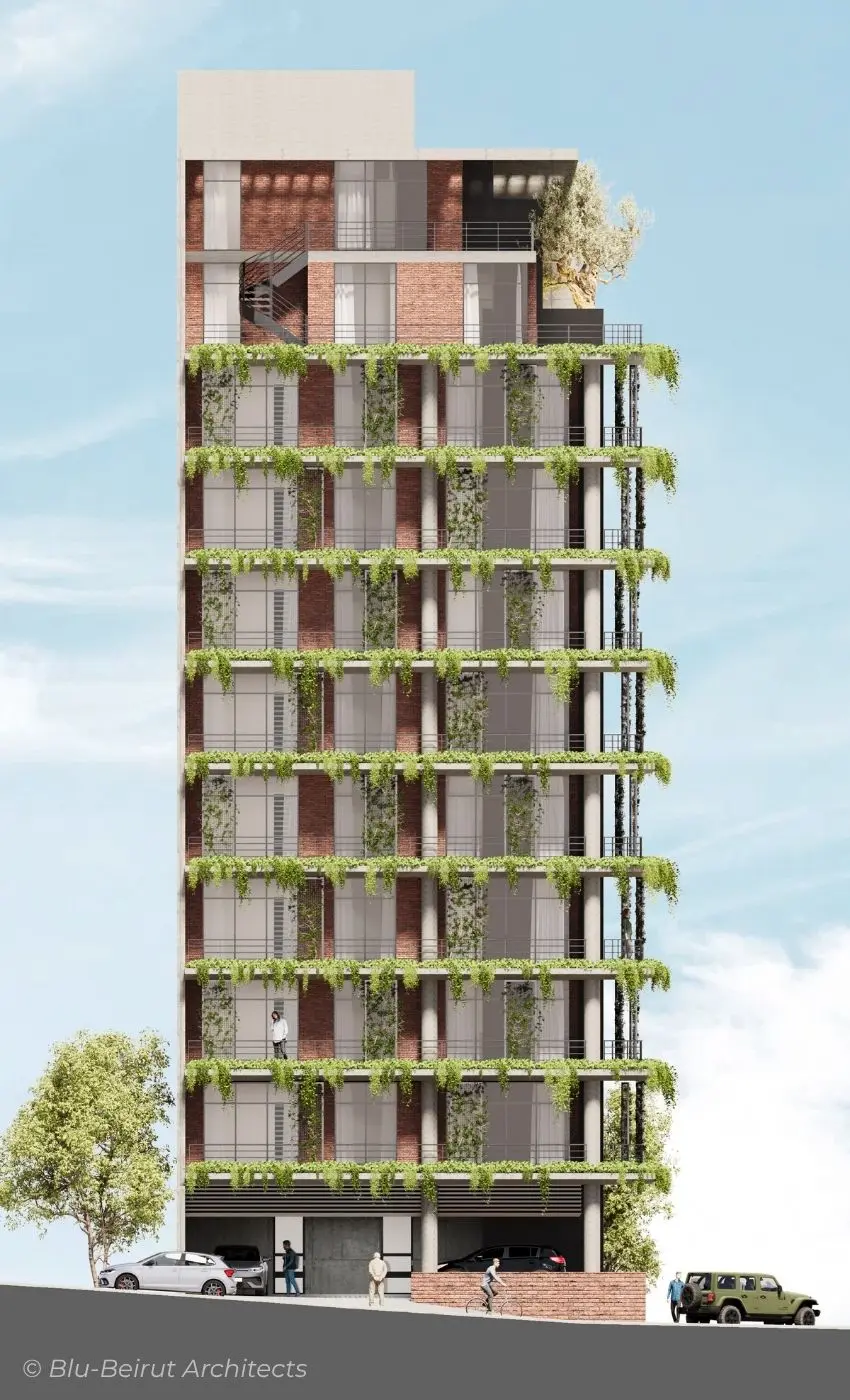 Industrial Facade of Hanging Gardens Ashrafieh with Lush green Balconies