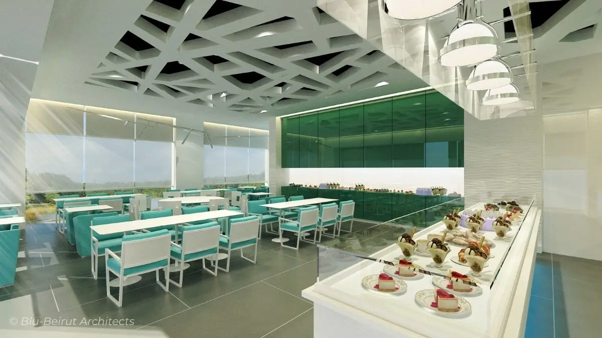 Curated pastry showcase, blending clean lines and soft lighting – Bonbon pastry shop interior by Blu-Beirut.