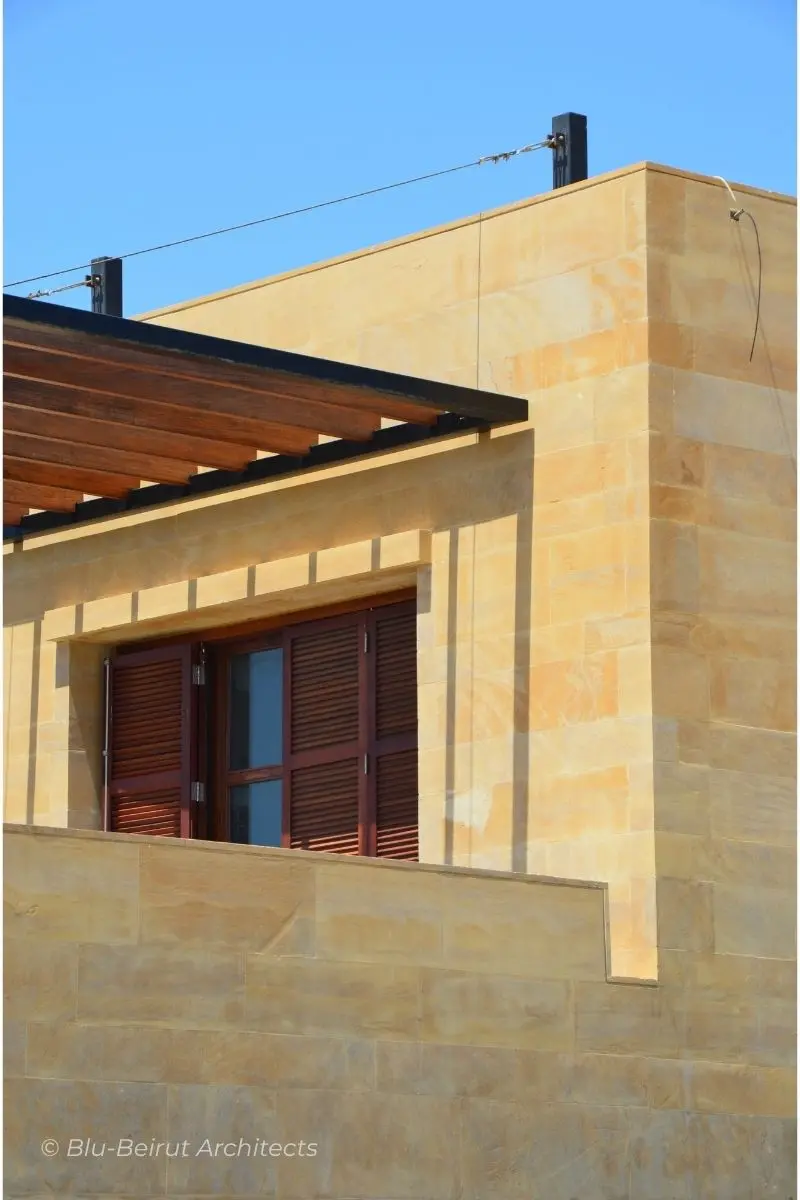 Side elevation with wood and stone details