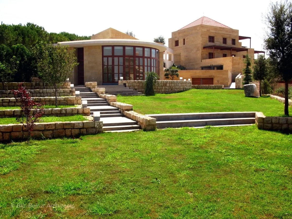 Exterior view of GB Villa with lebanese style stone cladding