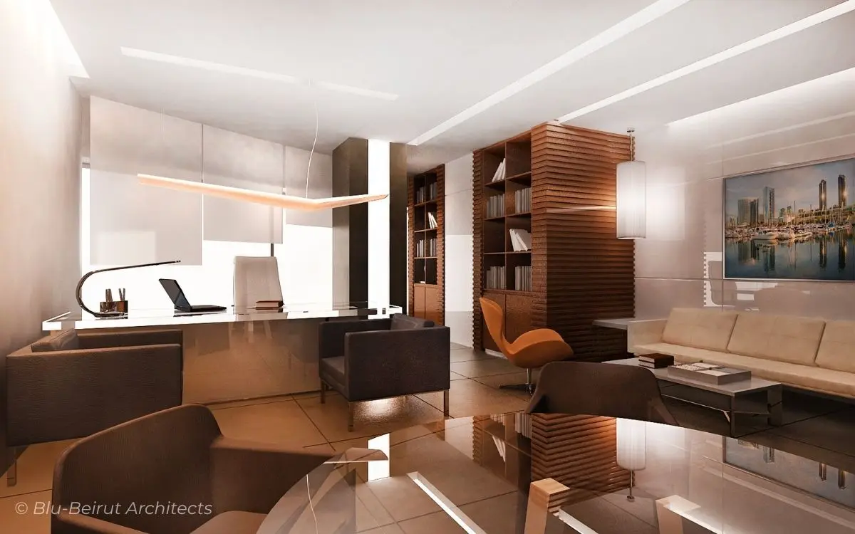 Private executive office space with warm teak finishes, branded furniture, and soft lighting—part of Blu Beirut’s design for a modern corporate atmosphere.