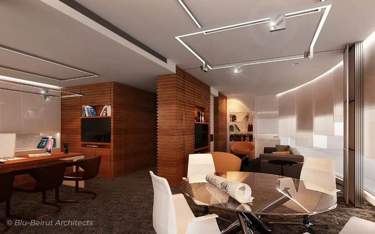 Collaborative meeting table blending warm wood panels and comfortable furnishings to create a relaxed yet professional setting.