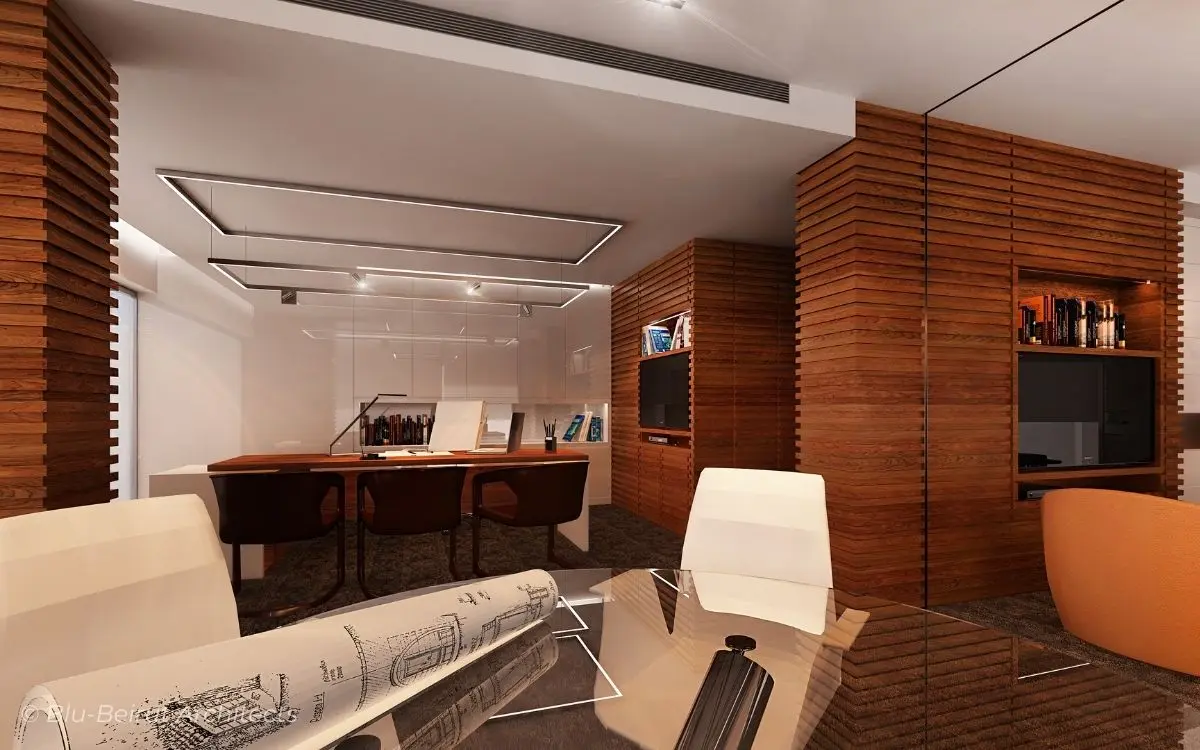 Open-plan office layout using strategic partitioning to enhance functionality and brand identity in a professional setting.