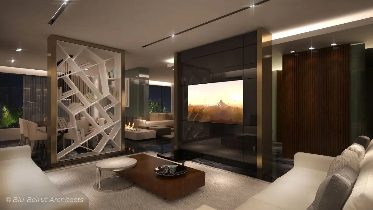 TV Room with Sculptural seperation panels