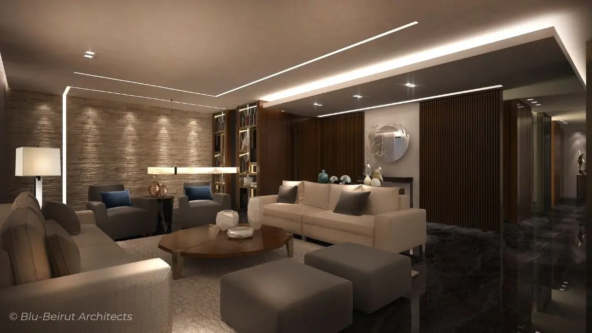 Living room with dark flooring, custom furnishings, and fireplace centerpiece