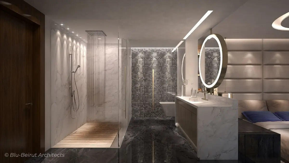 Bathroom with refined marble accents and modern lighting
