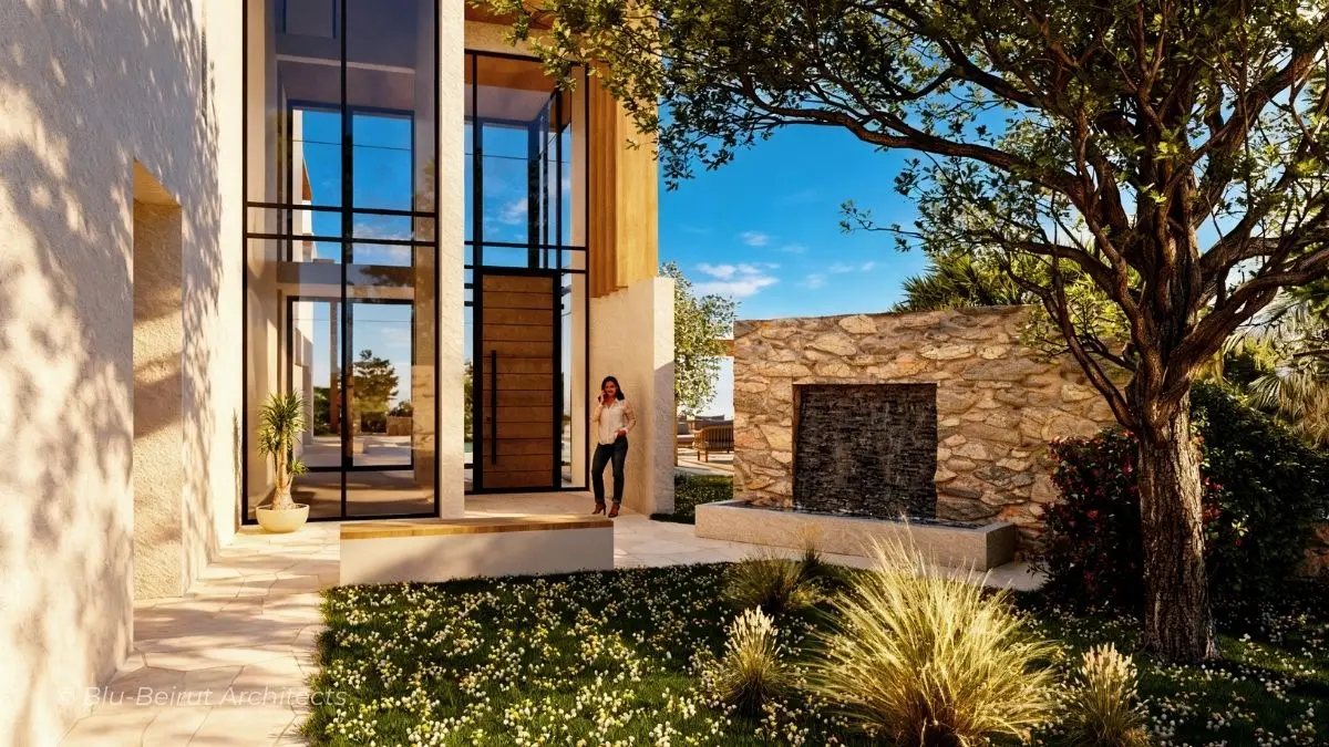 Courtyard entrance inspired by Lebanese placette with central fountain