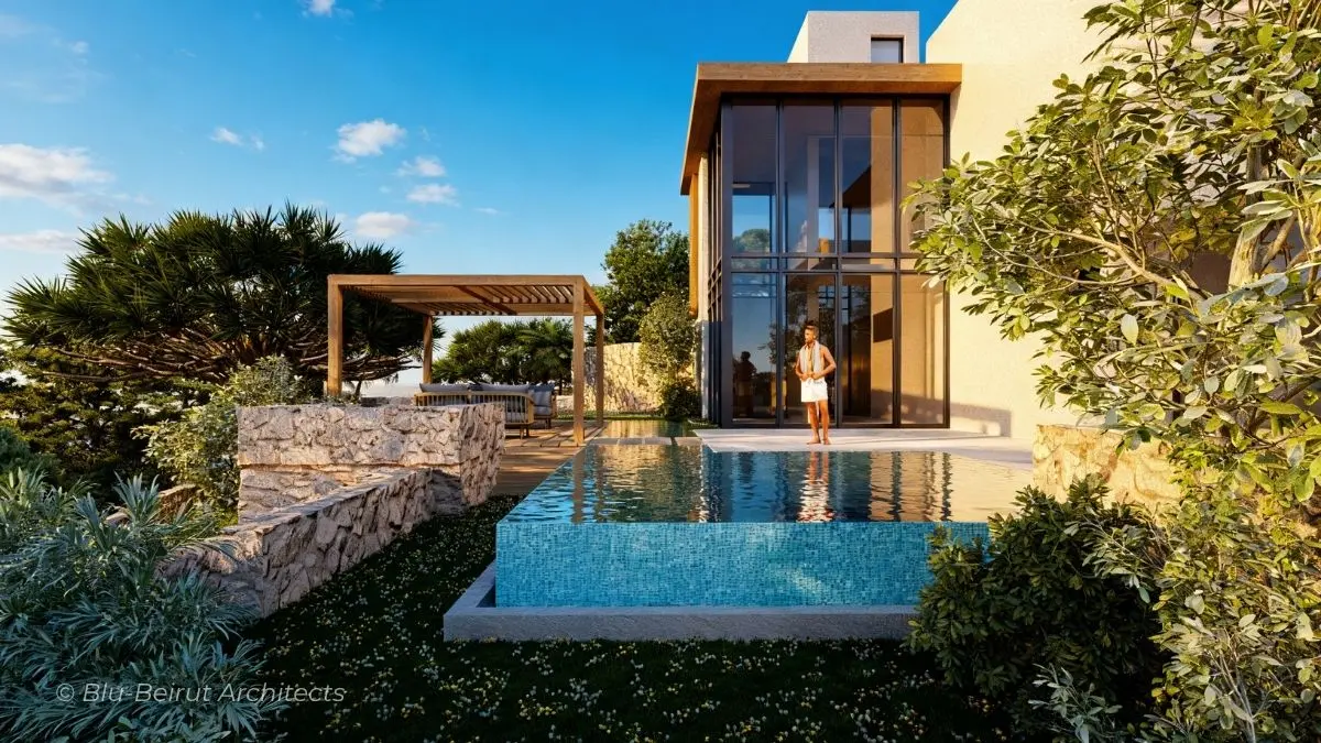 Infinity-edge pool with shaded terrace and pergola