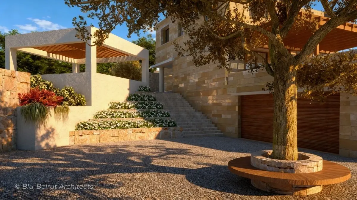 Entrance Courtyard with Lebanese stone walls