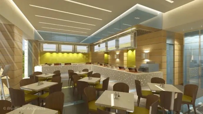 Dining area with olive green seating and minimalist lighting design