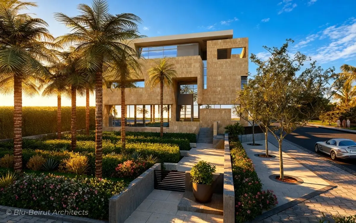 Entrance pathway with palm trees arranged on a geometric grid leading to the main villa façade