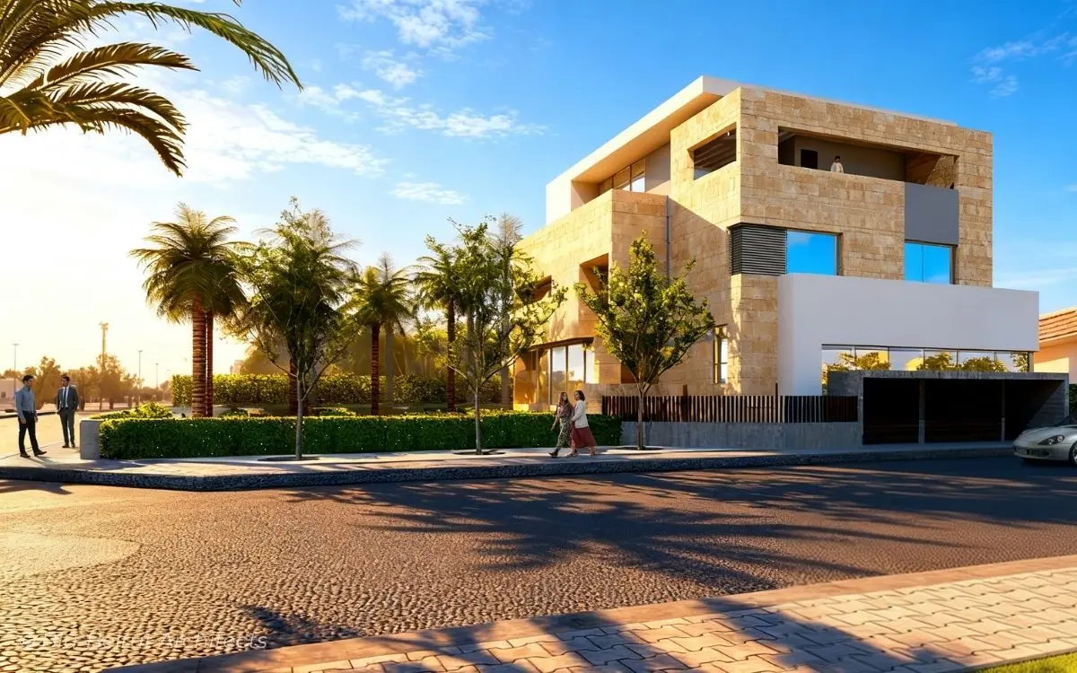 Exterior view of Kaifan Villa showing modern Kuwaiti architecture and stone cladding.