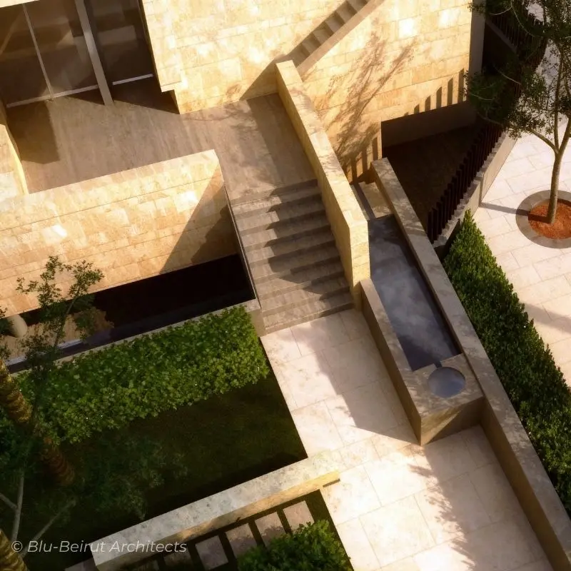 Entrance bridge over sunken terrace and pool