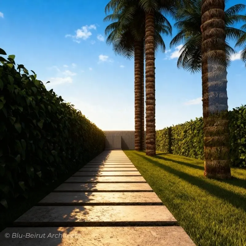 Landscaped pathway with palm trees