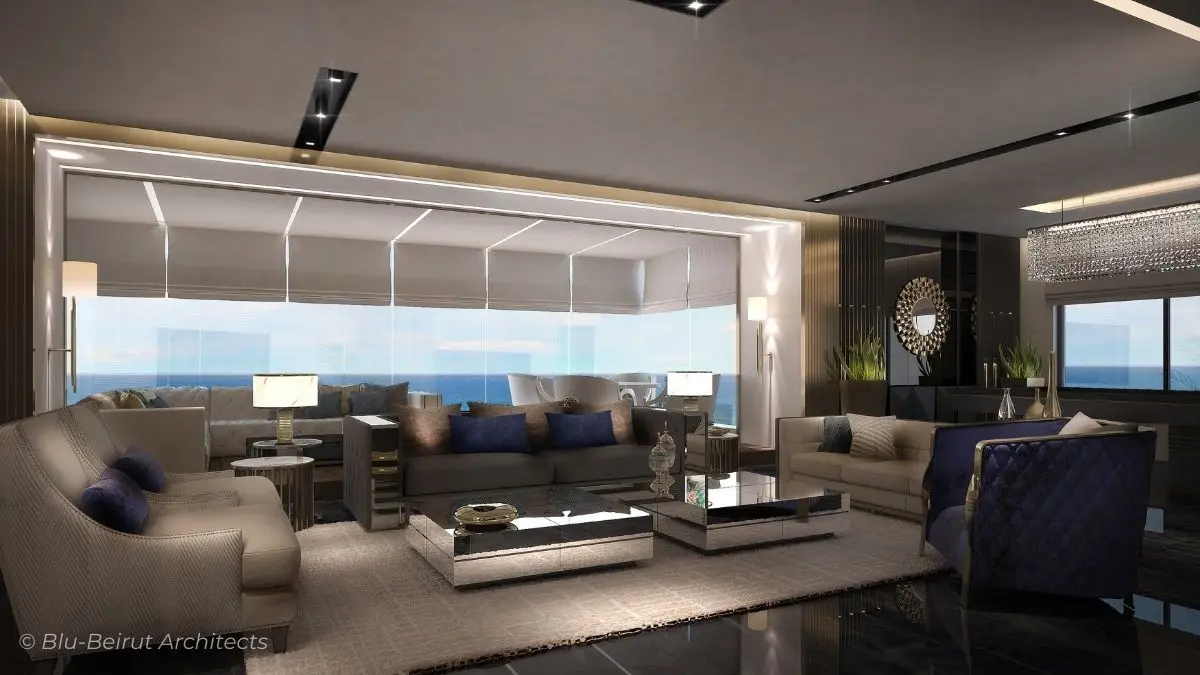 Penthouse salon with dark grey marble flooring and brass highlights