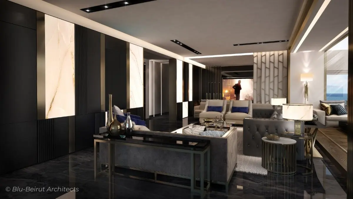 Penthouse Salon with Dark Wenge Wood and Backliyt Onix feature Wall