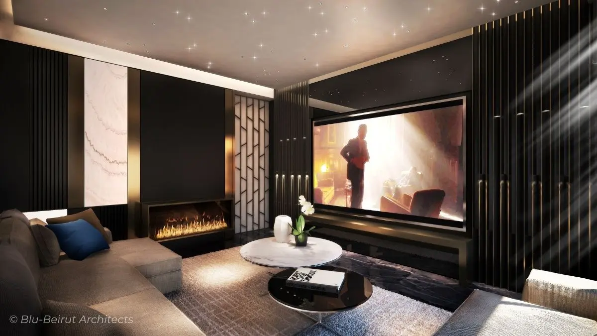 Living room with sliding panels, large TV unit, and fiber-optic star ceiling