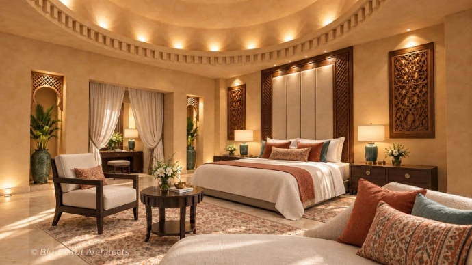 Luxury Moroccan master bedroom interior in Riyadh with decorative woodwork, neutral fabrics and terracotta accents