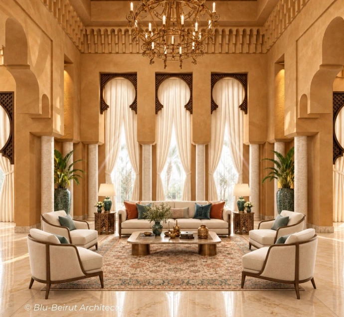 Luxury Moroccan pavilion reception interior in Riyadh, featuring traditional arches, ochre walls and contemporary furniture