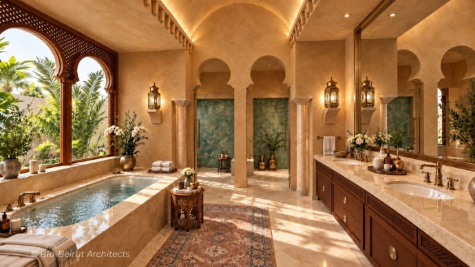 Moroccan luxury master bathroom in Riyadh featuring natural marble, brass finishes and turquoise tiled shower alcoves