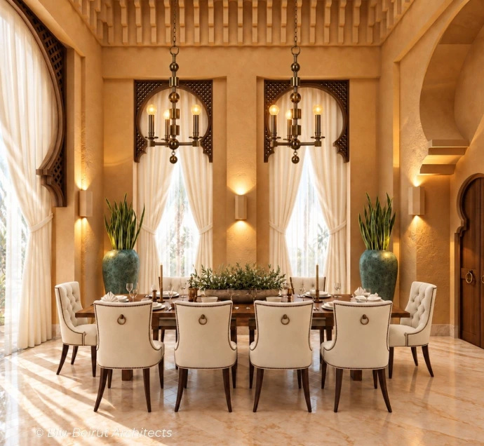 Moroccan-inspired luxury dining room in a private Riyadh estate, with warm ochre finishes and refined furnishings