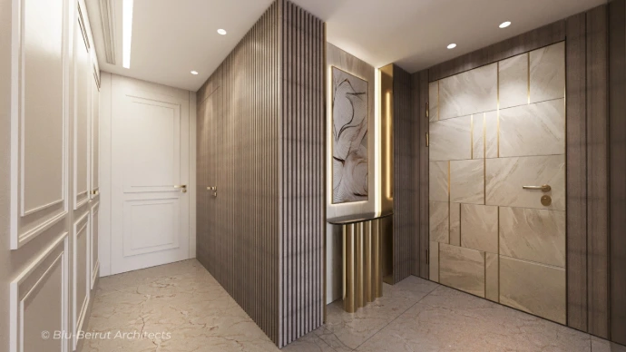 Stone Entrance Door with surrounding wood paneling