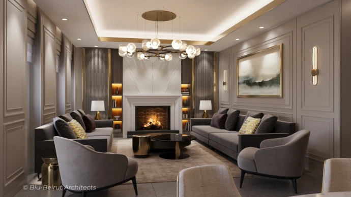 Contemporary salon with white wall paneling and brass accents in Tripoli apartment
