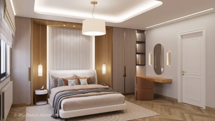 Master bedroom with large headboard wall and integrated wardrobes