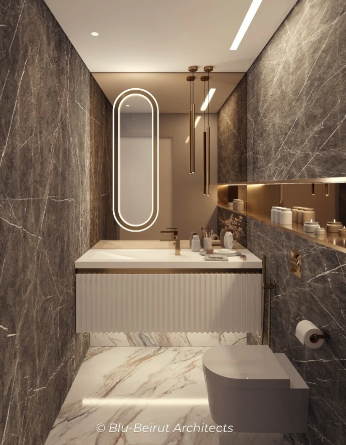 Guest bathroom with white marble floor and dark green marble walls
