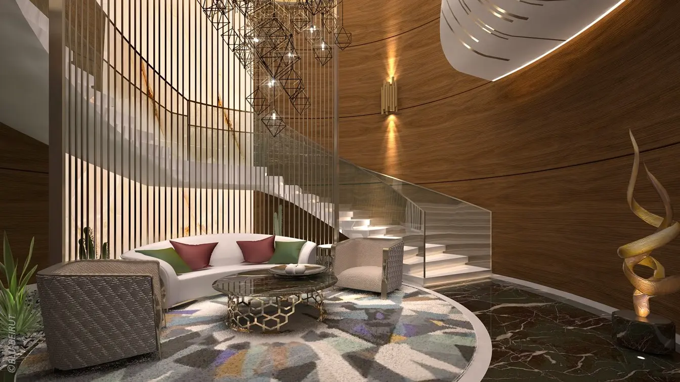 Lounge with spiral staircase, wood wall panels, and gemstone-inspired décor—modern hospitality interior design in KSA.
