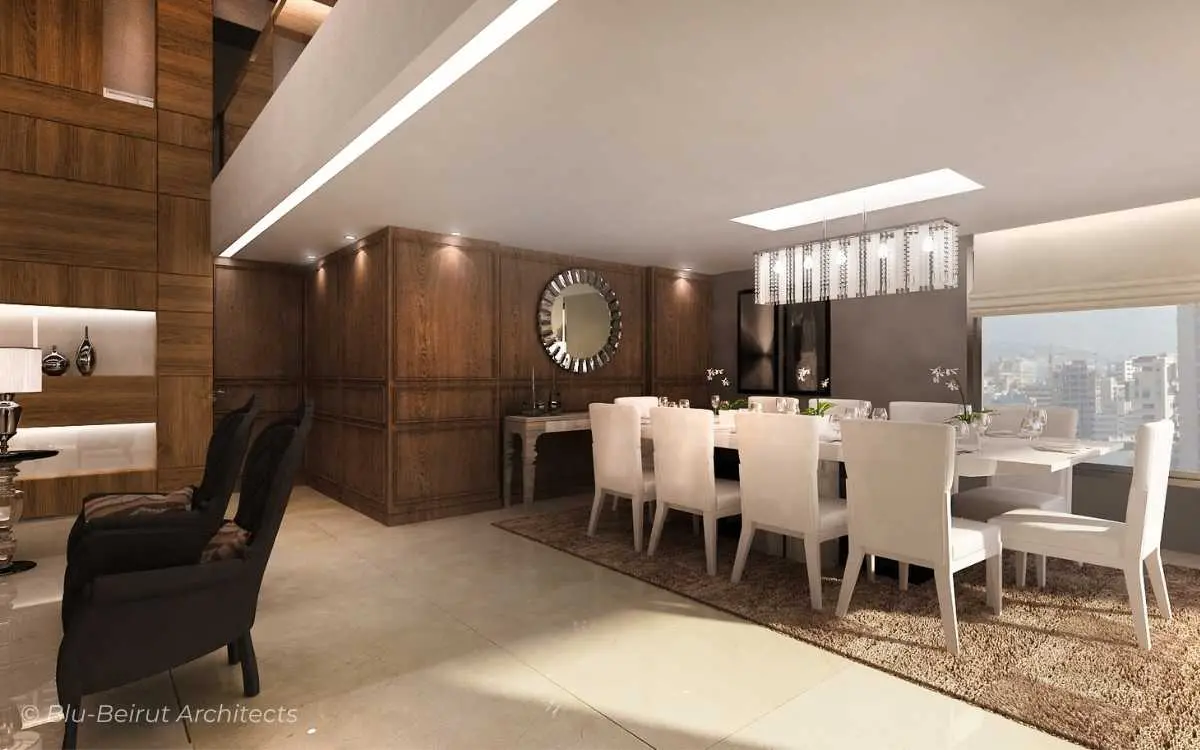 Open-plan dining with timber textures and suspended lighting