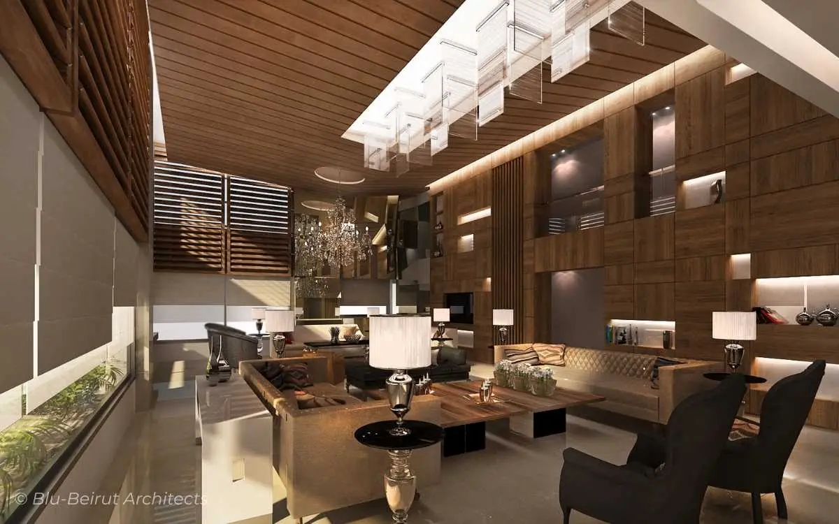 Custom-crafted wooden ceiling with integrated lighting
