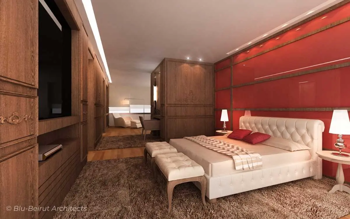 Master Bedroom with Red Glass and Classy Woodwork Cabinets