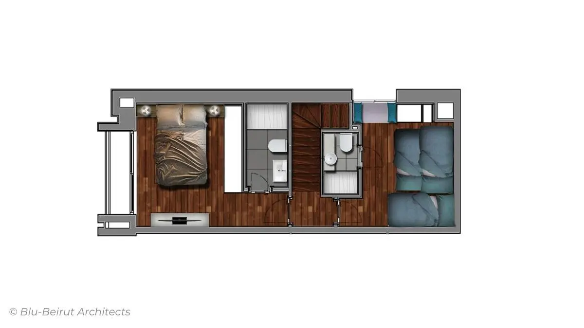 Two-bedroom chalet floor plan highlighting efficient zoning, natural textures, and a warm, modern alpine layout.