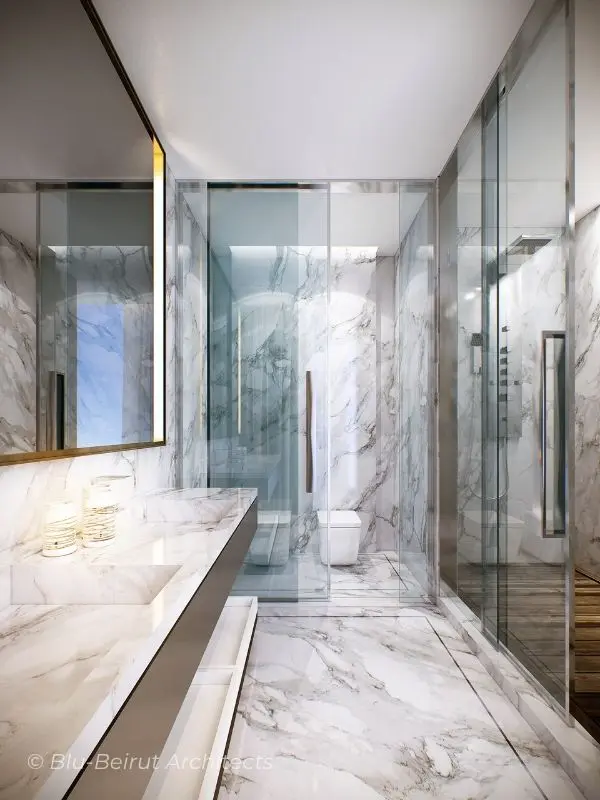 Modern Bathroom, featuring subtle lighting and polished surfaces by Blu-Beirut