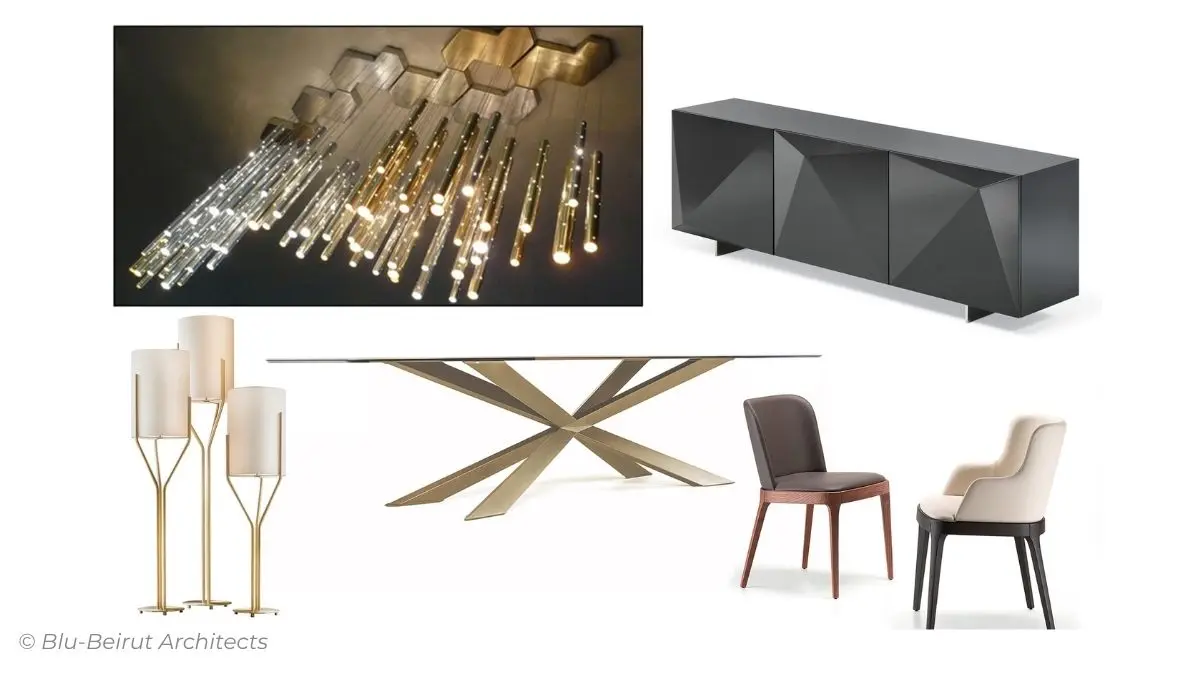 Concept board for a dining room displaying sculptural lighting, and bespoke decorative elements curated for an apartment. in Dubai By Blu-Beirut